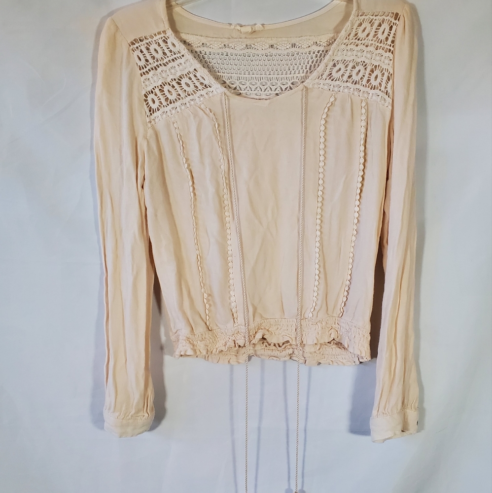 E&M E HANGER M CREAM NUDE MESH LACE TOP TASSLED LONG SLEEVE